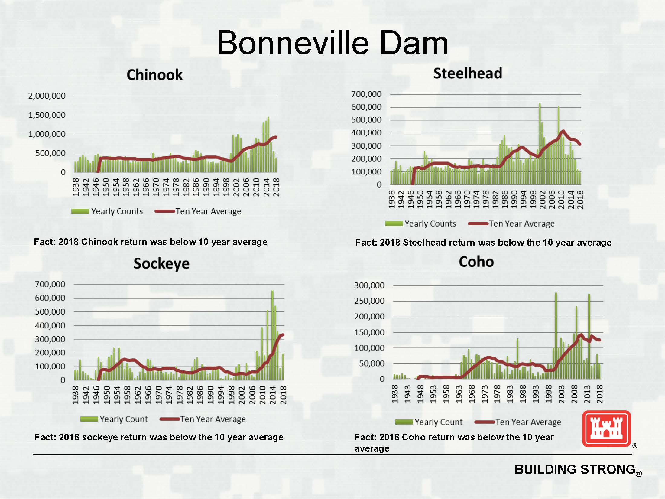 Bonneville Dam Adult Fish Returns. Four graphs showing Chinook, Steelhead, Sockeye, and Coho salmon respectively.
