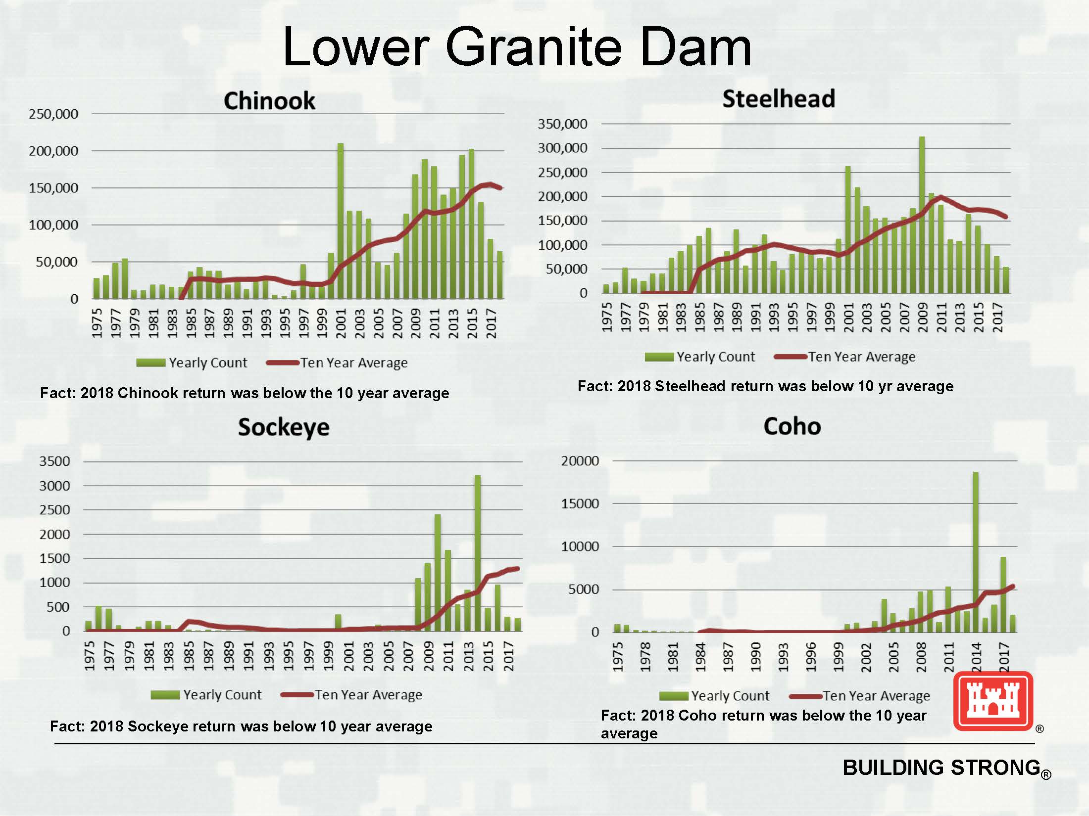 Lower Granite Dam Adult Fish Returns. Four graphs showing Chinook, Steelhead, Sockeye, and Coho salmon respectively.