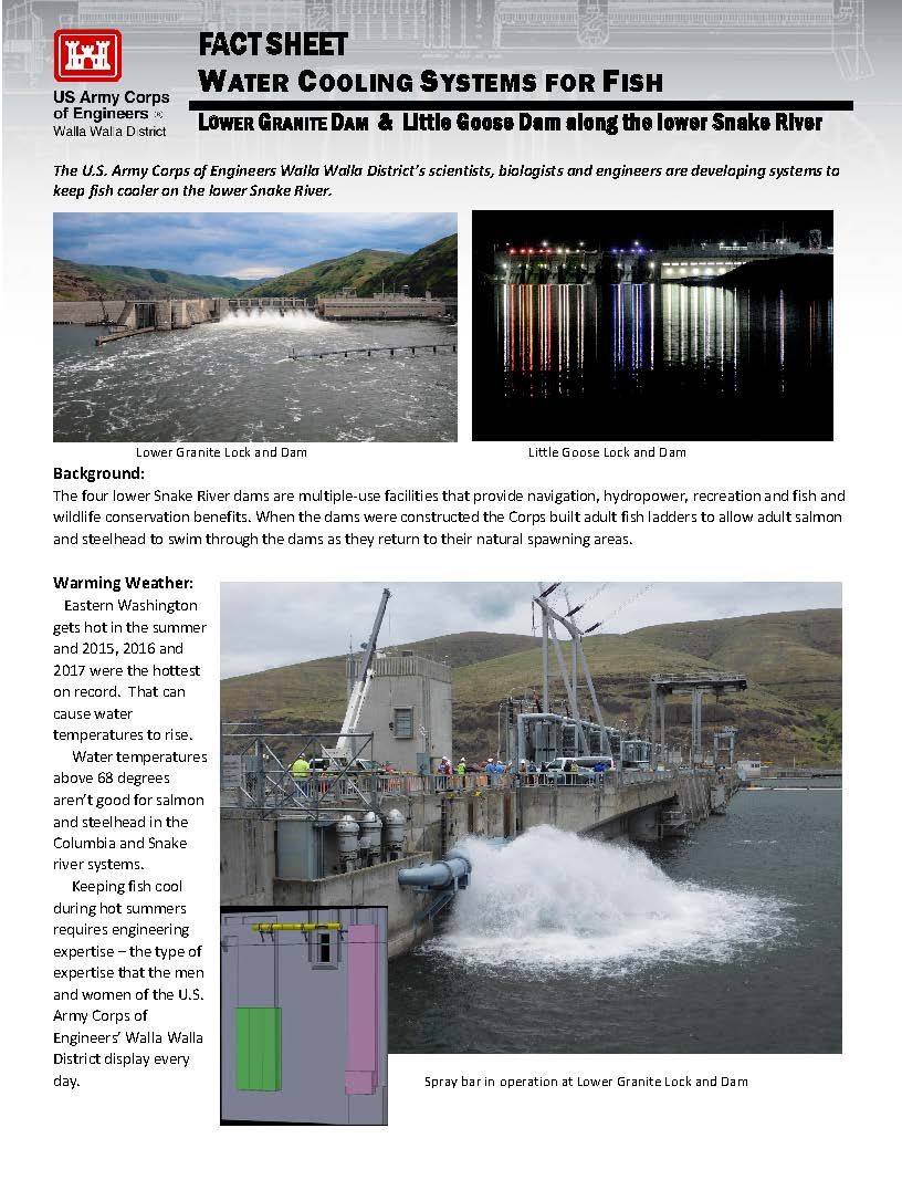 Factsheet. Water Cooling system for fish. Lower Granite Dam and Little Goose Dam along the lower snake river