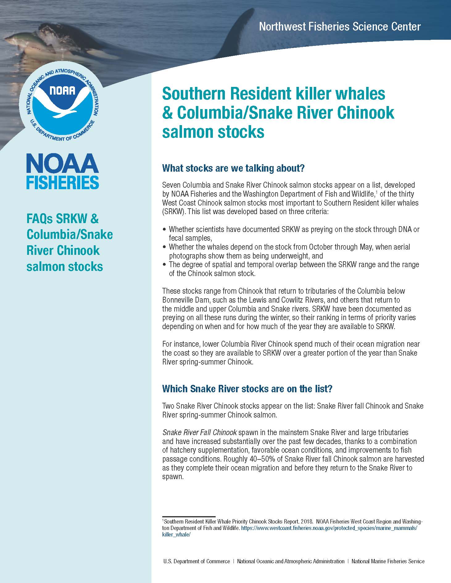 Southern Resident Killer Whales & Columbia/Snake River Chinook Salmon Stocks FAQs